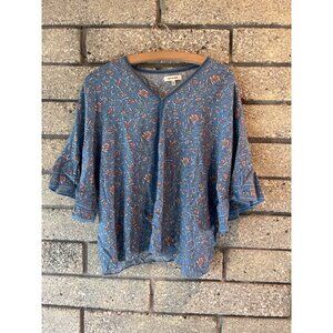 Max Studio Floral Bell Sleeve Top Size L Blue With Orange & Yellow Flowers Light